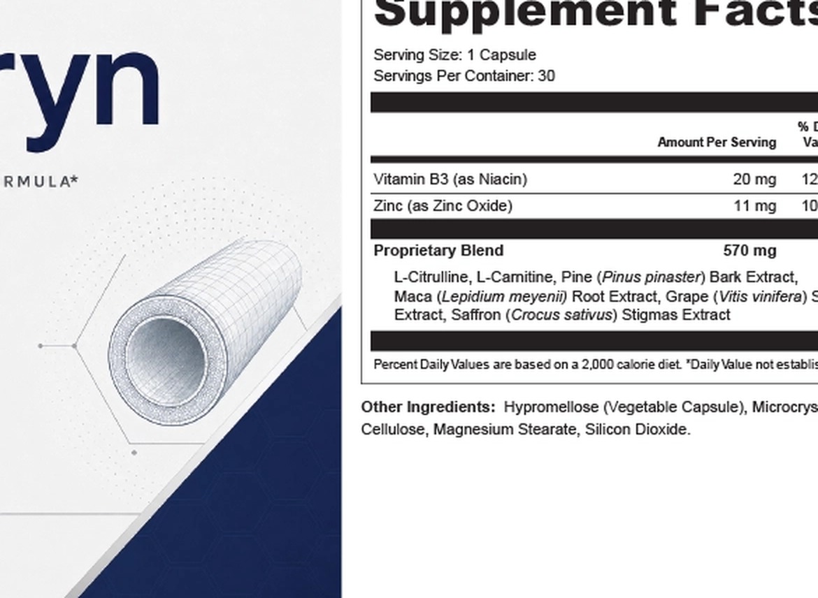 Vasoryn Supplement Facts panel showing niacin, zinc and the 570 mg proprietary blend